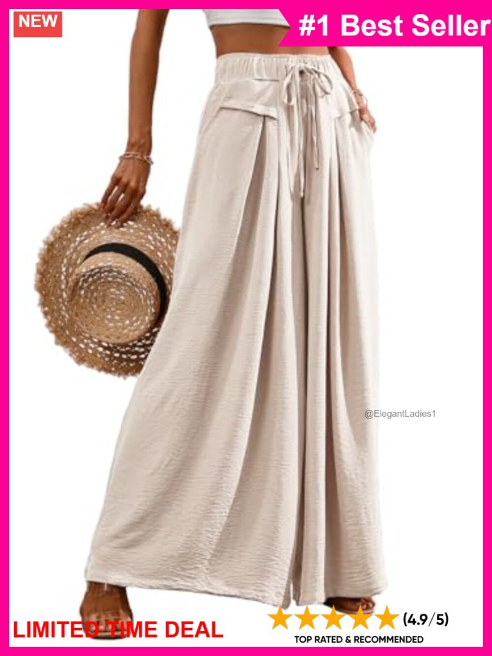 Flowy Wide Leg Palazzo Pants Elastic Waist Lounge Trousers with Pockets